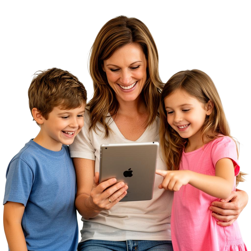 Mom homeschooling her son and daughter with an iPad