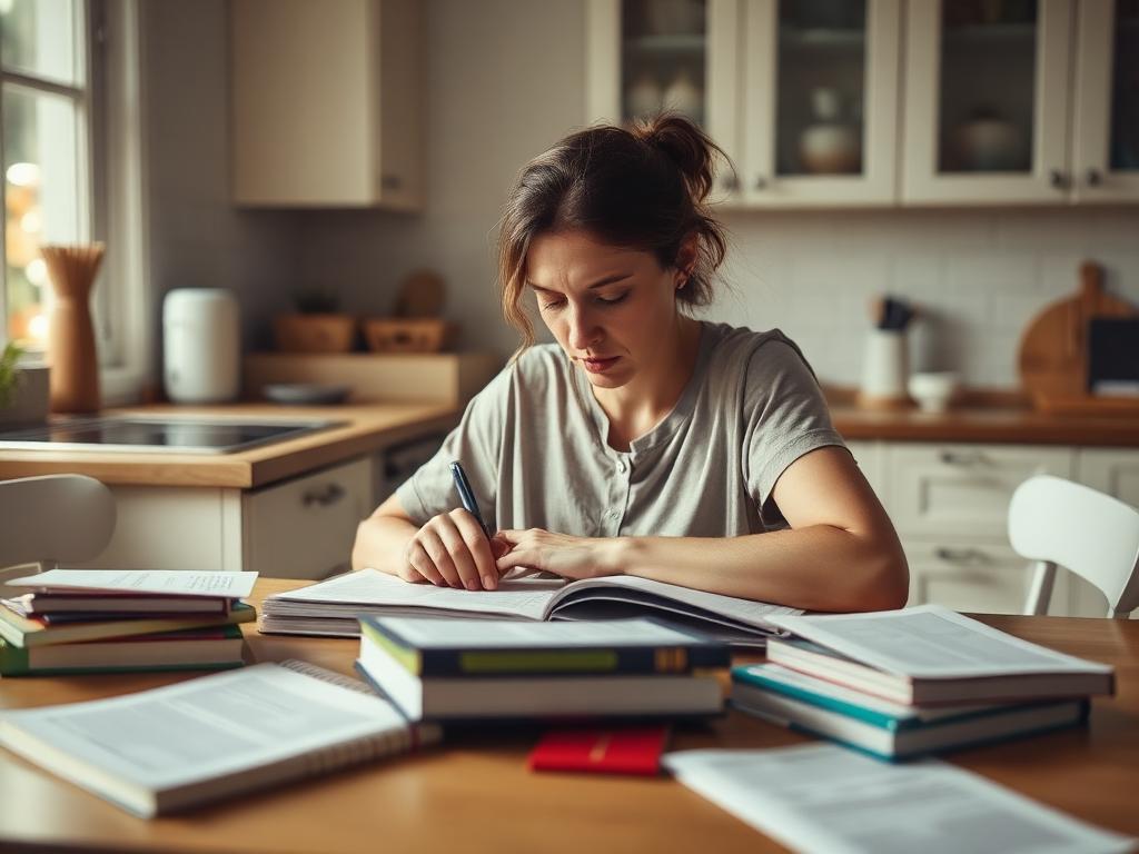 Homeschool mom planning at the kitchen table